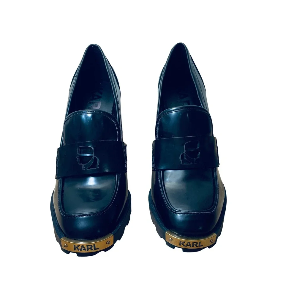 Karl Lagerfeld Paris Virna Black Lug Sole Platform Heeled Loafers Size 9M